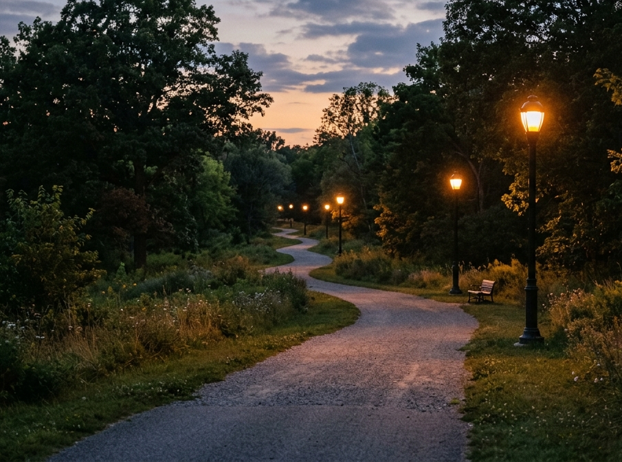 https://frovinto.eu/wp-content/uploads/2026/04/03.png Abendlicher Parkweg in der Dämmerung mit warmem Laternenlicht